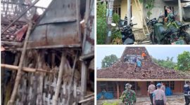 Foto kolase: Kondisi rumah usai diterjang angin puting beliung. Nampak TNI Polri turun ke lokasi.
