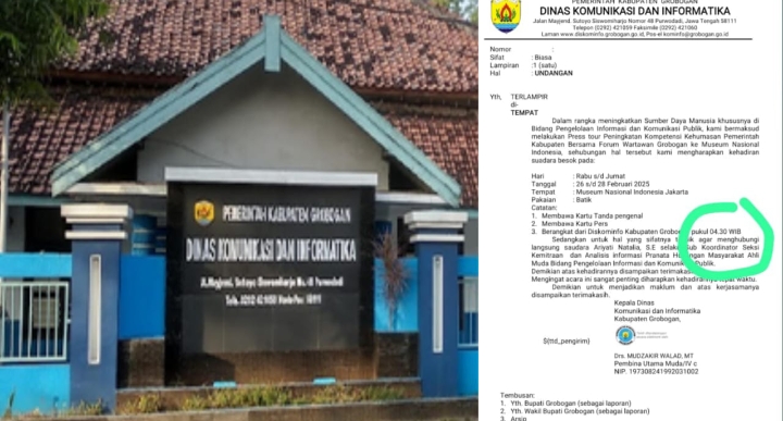 Foto: Kanan, surat dari Diskominfo Grobogan, kiri, kantor Diskominfo Grobogan. (Dok. Ist)