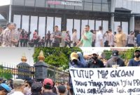 Kolase foto: Massa aksi saat unjuk rasa di depan Pendopo Kab. Kudus dan di depan kafe Mie Gacoan.