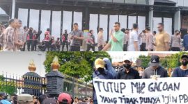 Kolase foto: Massa aksi saat unjuk rasa di depan Pendopo Kab. Kudus dan di depan kafe Mie Gacoan.