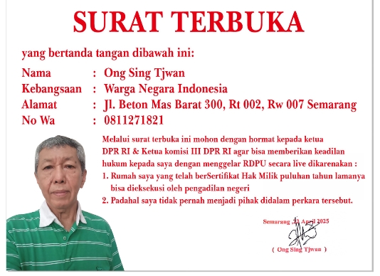 Isi surat terbuka dari Ong Sing Tjwan kepada DPR RI.