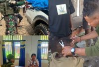 Yonif 400/Banteng Raiders, saat melaksanakan kegiatan komunikasi sosial (komsos). Nampak prajurit TNI sedang cukur rambut seorang anak warga setempat.
