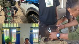 Yonif 400/Banteng Raiders, saat melaksanakan kegiatan komunikasi sosial (komsos). Nampak prajurit TNI sedang cukur rambut seorang anak warga setempat.