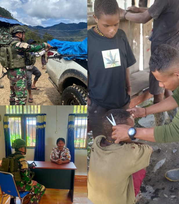 Yonif 400/Banteng Raiders, saat melaksanakan kegiatan komunikasi sosial (komsos). Nampak prajurit TNI sedang cukur rambut seorang anak warga setempat.