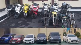 Hasil penindakan dan pencegahan aksi balap liar Polres Blora. Nampak 11 unit kendaraan roda dua dan 6 unit mobil diamankan.