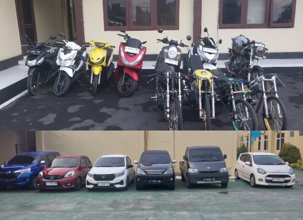 Hasil penindakan dan pencegahan aksi balap liar Polres Blora. Nampak 11 unit kendaraan roda dua dan 6 unit mobil diamankan.