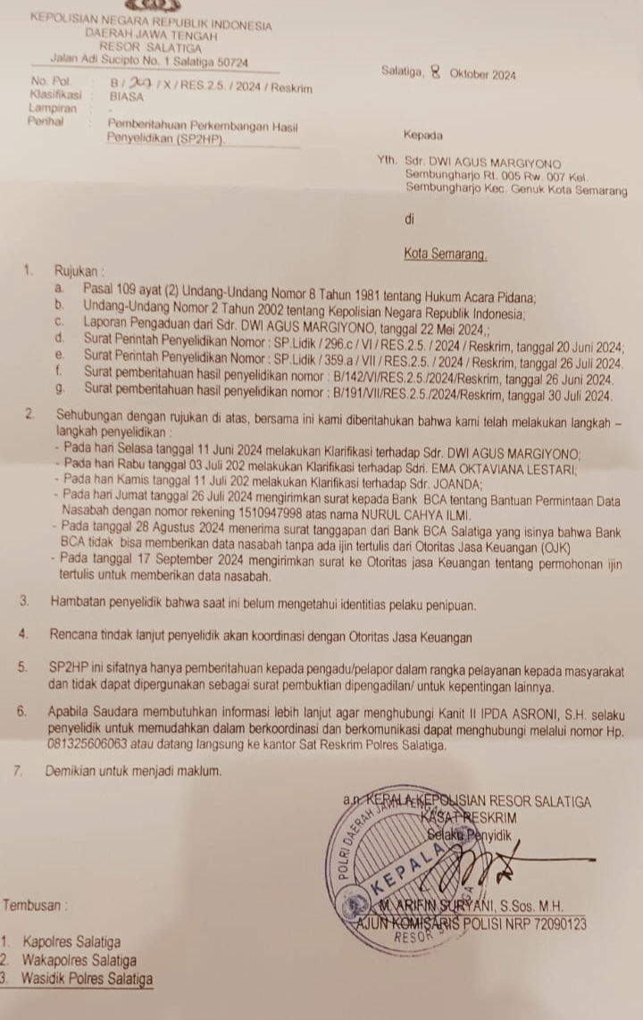 Foto: Surat Pemberitahuan Perkembangan Hasil Penyelidikan (SP2HP) dari Polres Salatiga, tanggal 8 Oktober 2024.