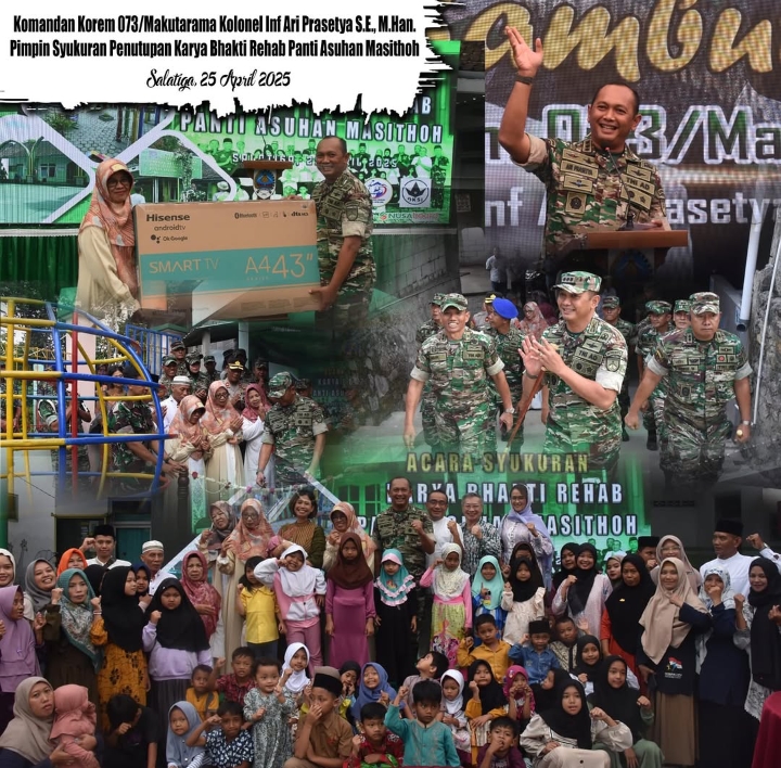 Kolase foto: Kegiatan Kasrem dan para Kasi Korem 073/Makutarama, Dandim serta Danramil jajaran Kodim 0714/Salatiga, saat penutupan rehabilitasi Panti Asuhan Masithoh di Kecamatan Tingkir, Kota Salatiga, dalam kegiatan karya bakti TNI.