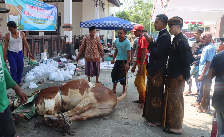 Suasana penyembelihan hewan kurban di halaman Masjid Mapolres Demak.