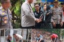 Kegiatan bedah rumah warga di Desa Pelem, RT 02/04, Kecamatan/Kabupaten Blora. Nampak Kapolres Blora AKBP Wawan Andi Susanto didampingi anggotanya membuat adukan material semen dan pasir untuk bangunan.