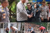 Kegiatan bedah rumah warga di Desa Pelem, RT 02/04, Kecamatan/Kabupaten Blora. Nampak Kapolres Blora AKBP Wawan Andi Susanto didampingi anggotanya membuat adukan material semen dan pasir untuk bangunan.