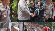 Kegiatan bedah rumah warga di Desa Pelem, RT 02/04, Kecamatan/Kabupaten Blora. Nampak Kapolres Blora AKBP Wawan Andi Susanto didampingi anggotanya membuat adukan material semen dan pasir untuk bangunan.