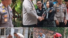 Kegiatan bedah rumah warga di Desa Pelem, RT 02/04, Kecamatan/Kabupaten Blora. Nampak Kapolres Blora AKBP Wawan Andi Susanto didampingi anggotanya membuat adukan material semen dan pasir untuk bangunan.