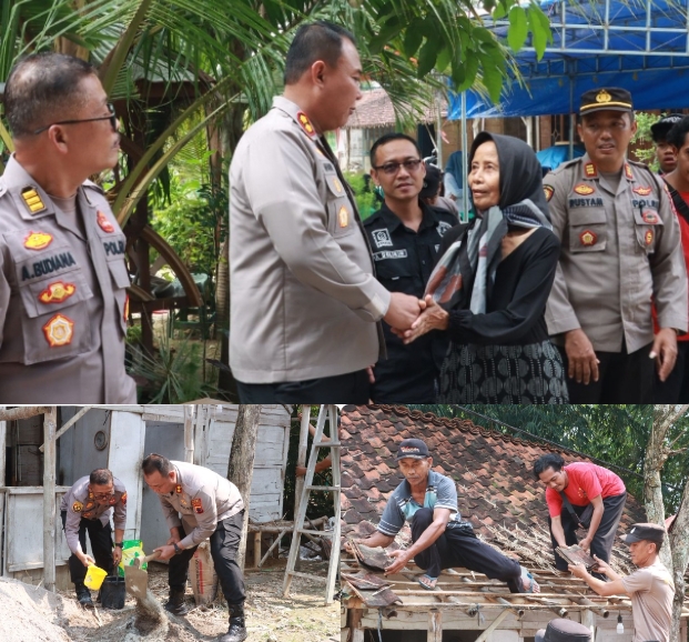 Kegiatan bedah rumah warga di Desa Pelem, RT 02/04, Kecamatan/Kabupaten Blora. Nampak Kapolres Blora AKBP Wawan Andi Susanto didampingi anggotanya membuat adukan material semen dan pasir untuk bangunan.