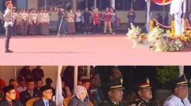 Suasana Upacara Hari Bhayangkara ke 79 di Mapolres Grobogan. Nampak Bupati Setyohadi pimpin upacara atau sebagai inspektur upacara.