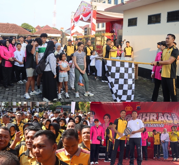 Suasana kegiatan jalan sehat Polres Demak, dalam rangka Hari Bhayangkara ke-79.