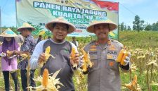 Kapolres Grobogan AKBP Ike Yulianto, bersama Administratur Purwodadi, Untoro Tri Kurniawan, saat memanen jagung program ketahanan pangan.
