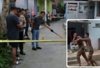 Kolase foto: Petugas kepolisian saat cek TKP, dan kejadian saat anggota Satpol PP kena Sajam oleh ODGJ.