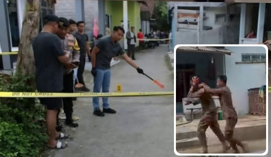 Kolase foto: Petugas kepolisian saat cek TKP, dan kejadian saat anggota Satpol PP kena Sajam oleh ODGJ.