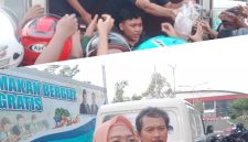 Kolase foto: atas: Para relawan SPPG saat membagikan takjil gratis. Bawah: Anjari, mitra MBG dari SPPG Sambak-Danyang, saat memberikan keterangan kepada wartawan. Sabtu (14/3/2026) sore.