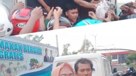 Kolase foto: atas: Para relawan SPPG saat membagikan takjil gratis. Bawah: Anjari, mitra MBG dari SPPG Sambak-Danyang, saat memberikan keterangan kepada wartawan. Sabtu (14/3/2026) sore.