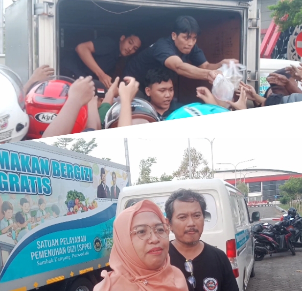Kolase foto: atas: Para relawan SPPG saat membagikan takjil gratis. Bawah: Anjari, mitra MBG dari SPPG Sambak-Danyang, saat memberikan keterangan kepada wartawan. Sabtu (14/3/2026) sore.