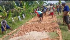 Ratusan warga Sumberejo, kec. Randublatung, Blora, saat memperbaiki jalan kabupaten yang rusak. Rabu (15/4/2026).