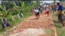 Ratusan warga Sumberejo, kec. Randublatung, Blora, saat memperbaiki jalan kabupaten yang rusak. Rabu (15/4/2026).