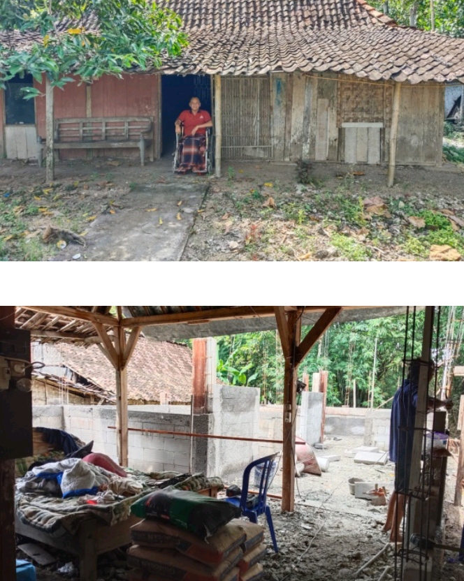 Foto atas: sebelum direhab. Foto bawah: kondisi rehab baru mencapai 50 persen. Ini adalah satu dari 10 penerima manfaat yang terhenti pembangunannya karena faktor.