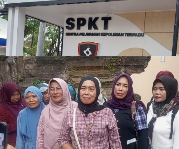 Foto: Ibu-ibu (emak-emak) Orang Tua Peduli Anak Grobogan, saat memberi keterangan kepada wartawan usai melaporkan HS ke Polres Grobogan. Kamis (2/4/2026).