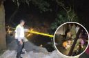 Foto kolase:Petugas kepolisian saat memasang garis polisi di lokasi kejadian, dan petugas bersama warga saat mengevakuasi korban.