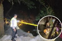 Foto kolase:Petugas kepolisian saat memasang garis polisi di lokasi kejadian, dan petugas bersama warga saat mengevakuasi korban.