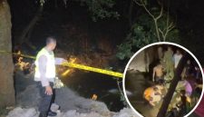 Foto kolase:Petugas kepolisian saat memasang garis polisi di lokasi kejadian, dan petugas bersama warga saat mengevakuasi korban.