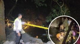 Foto kolase:Petugas kepolisian saat memasang garis polisi di lokasi kejadian, dan petugas bersama warga saat mengevakuasi korban.