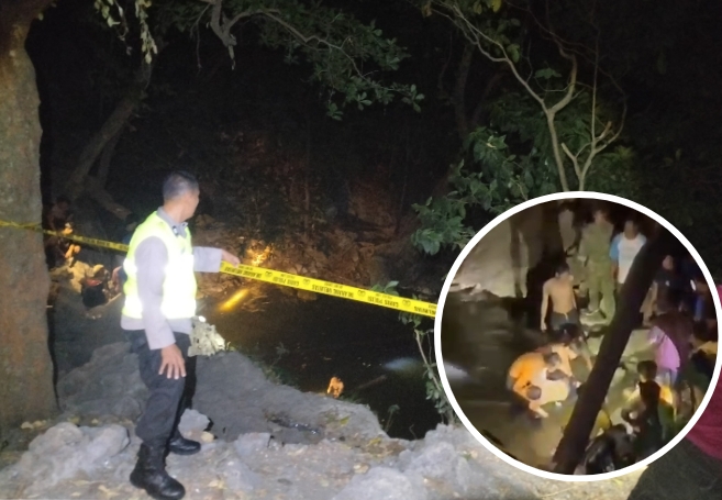 Foto kolase:Petugas kepolisian saat memasang garis polisi di lokasi kejadian, dan petugas bersama warga saat mengevakuasi korban.